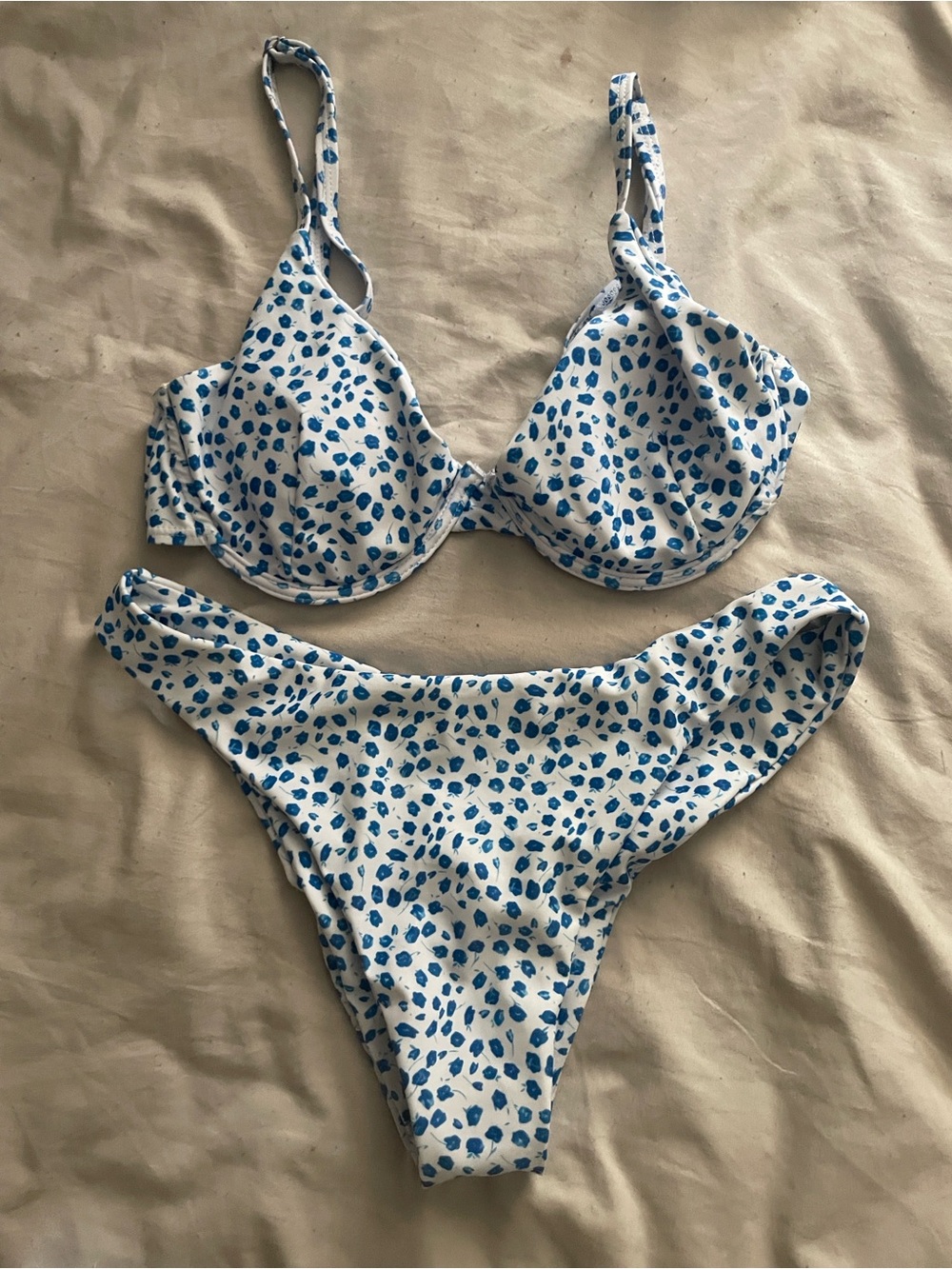 White Bikini Set with Blue Spot Print